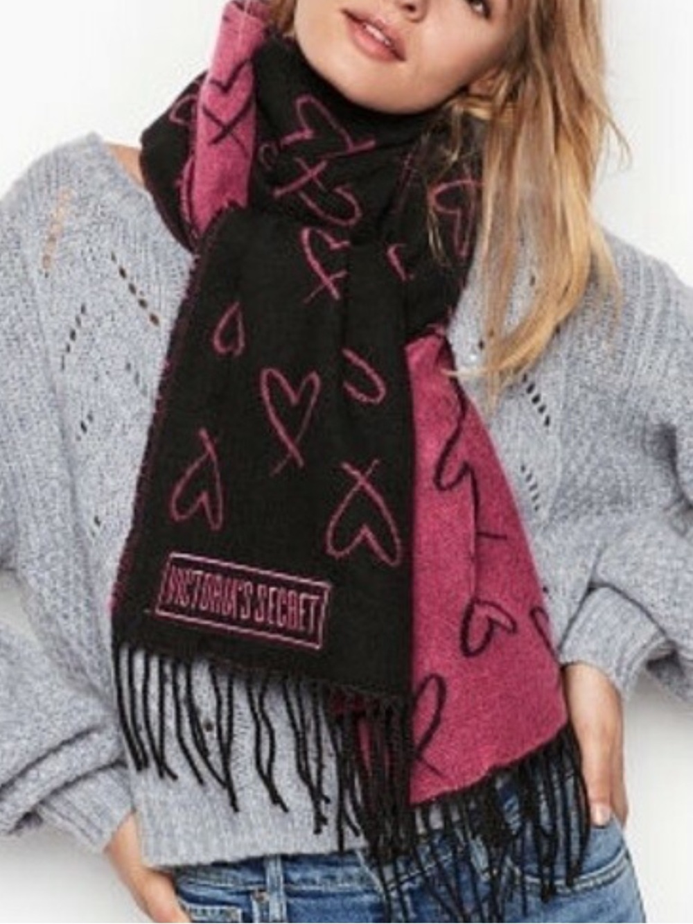 Victoria's Secret Black & Pink Heart-Print Fringe Scarf